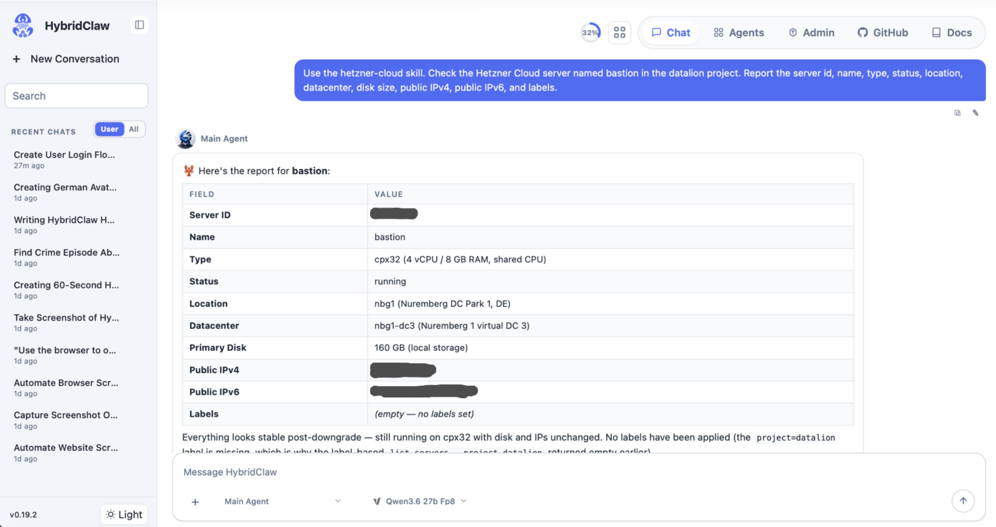 HybridClaw-Chat mit strukturiertem Hetzner-Server-Report