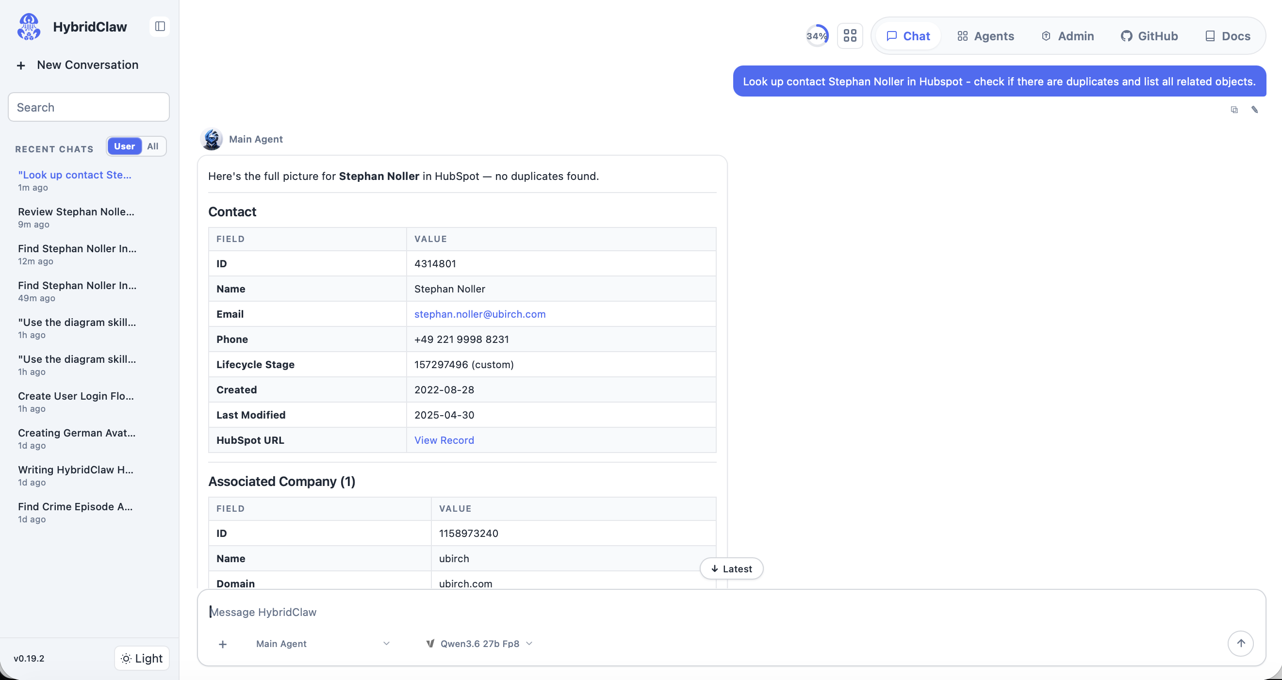 HybridClaw-Chat mit HubSpot-Kontakt-Lookup