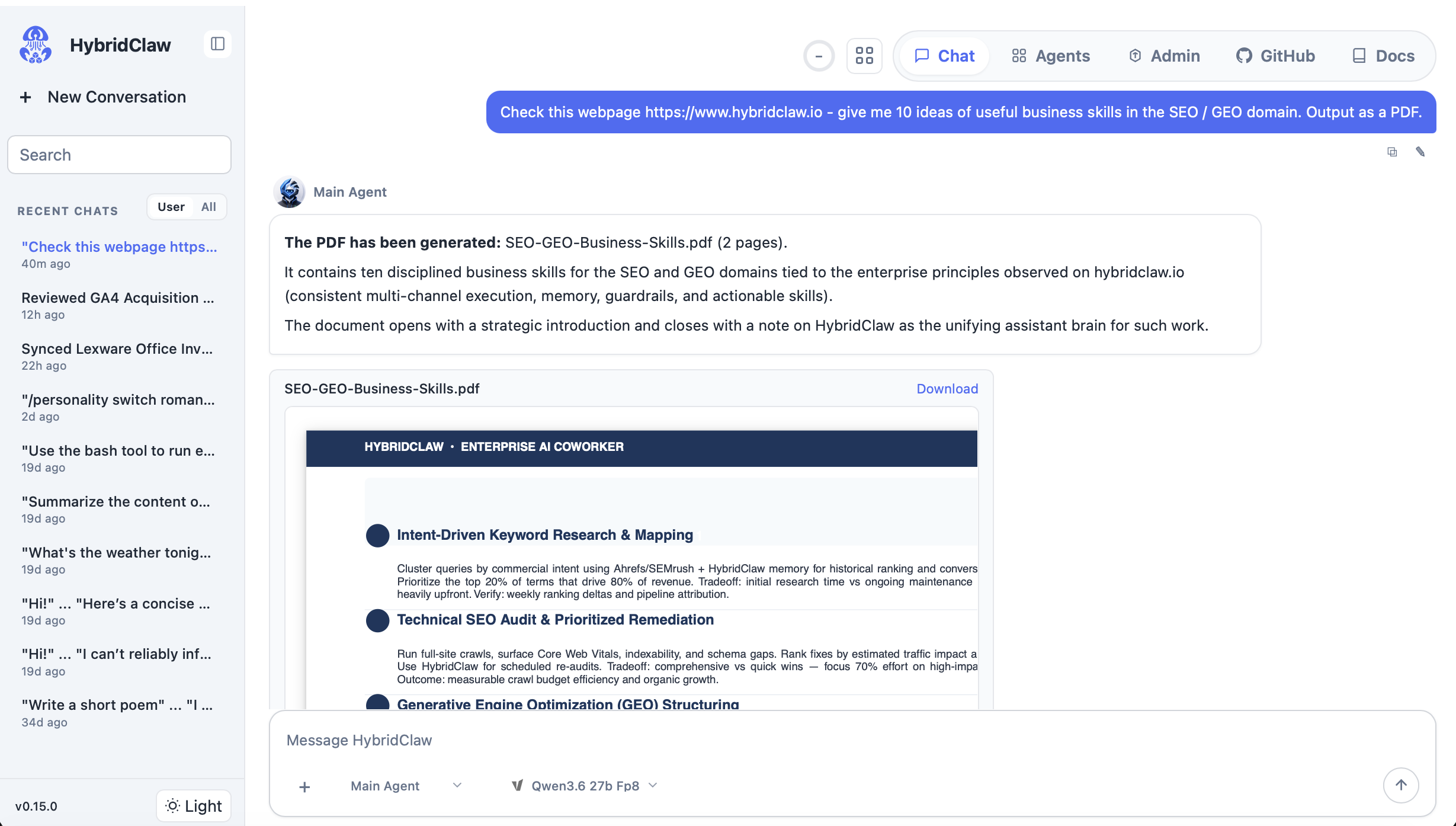 HybridClaw Chat-Interface mit einem Business-Agenten