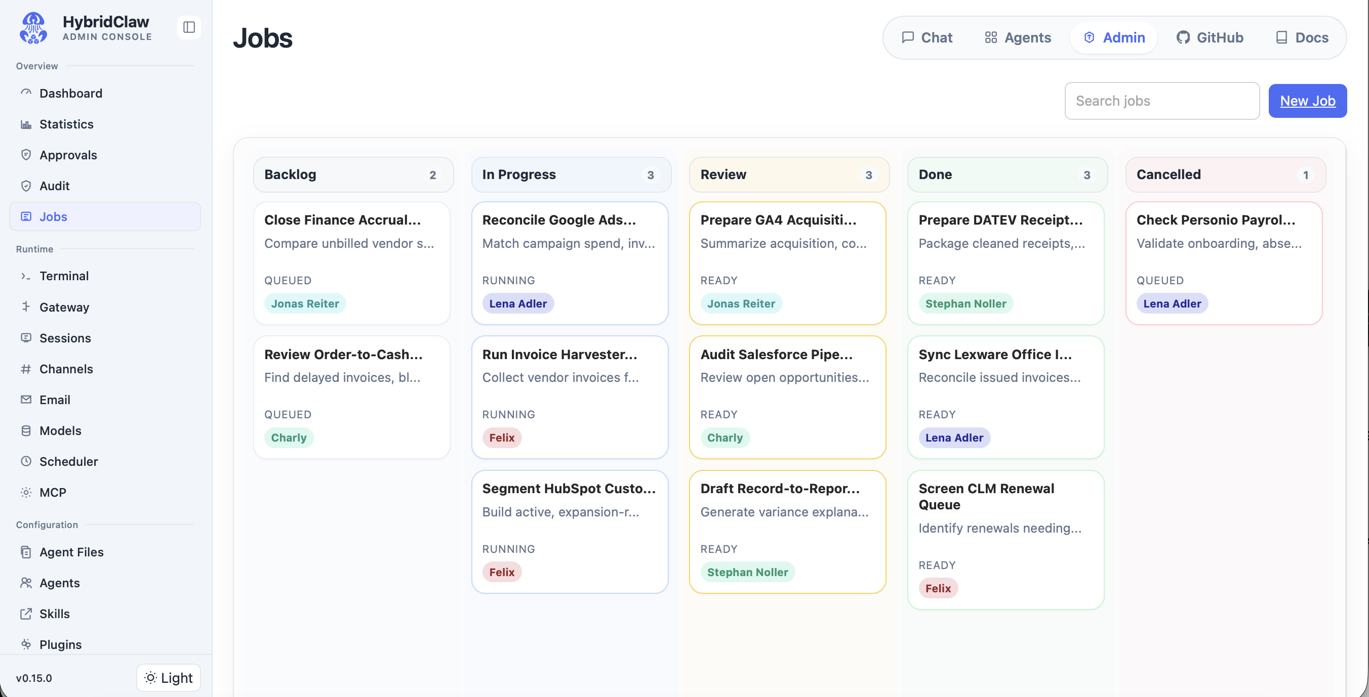HybridClaw Fleet-Ansicht: Kanban-Board mit Agenten, Channels, Tools und Controls