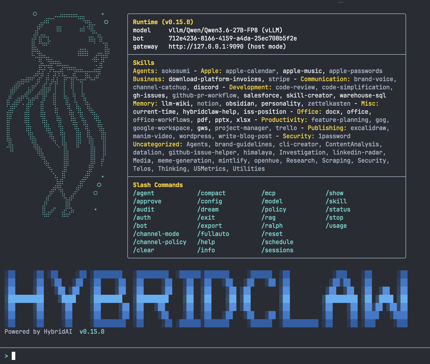 HybridClaw Terminal-UI mit Agent-Interaktion und Tool-Calls